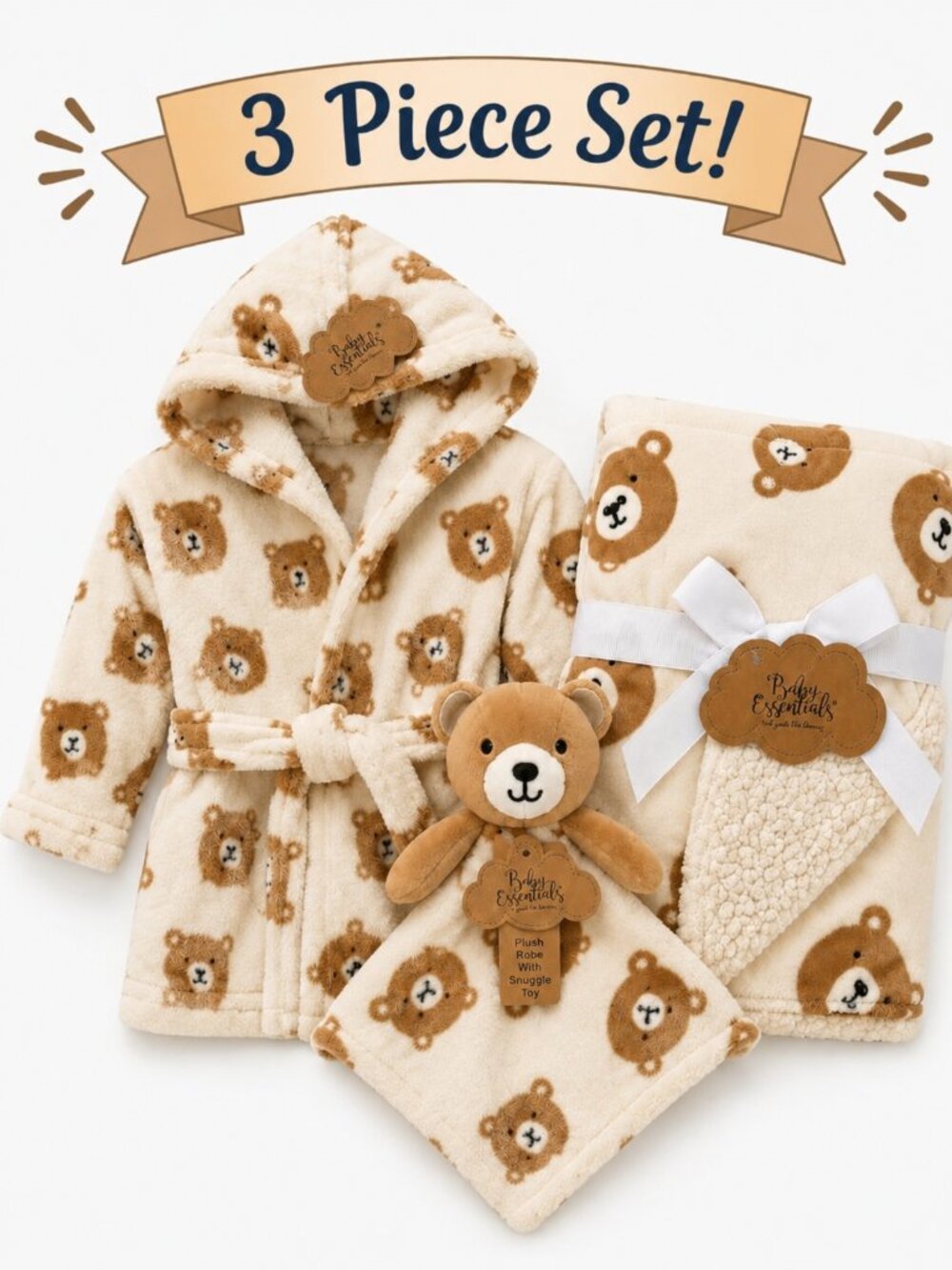 NWT Baby Essentials 3-Piece Baby Boy Gift Set Robe & Lovey Baby Shower Gift Set